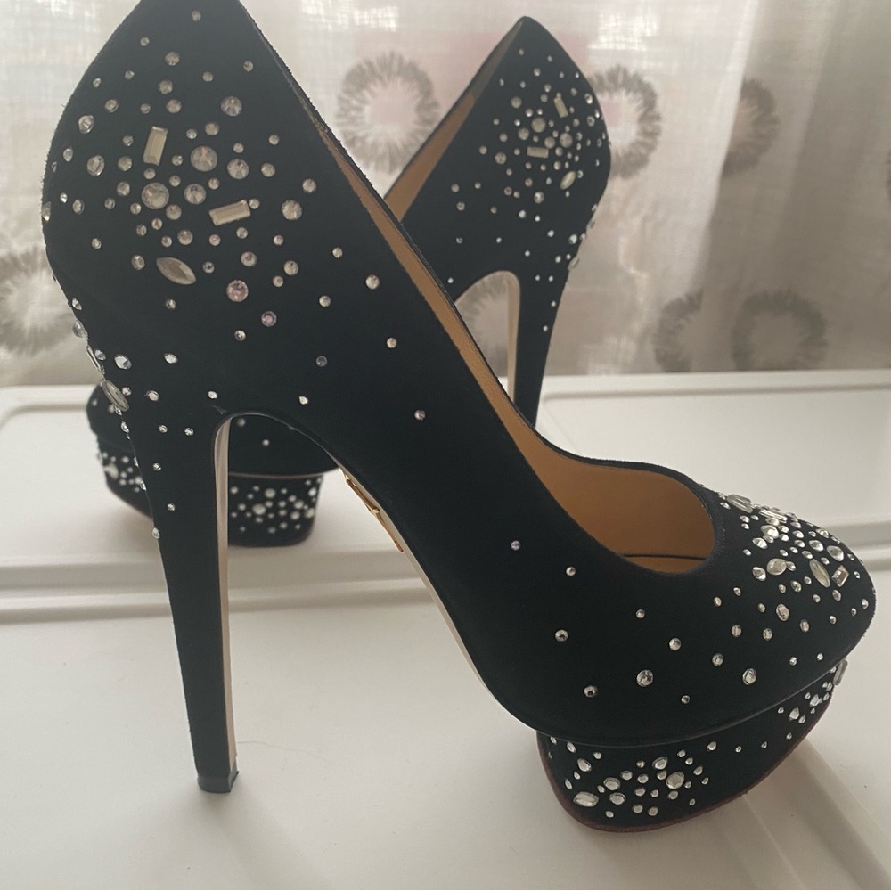 Charlotte Olympia black suede platform heels with rhinestones
